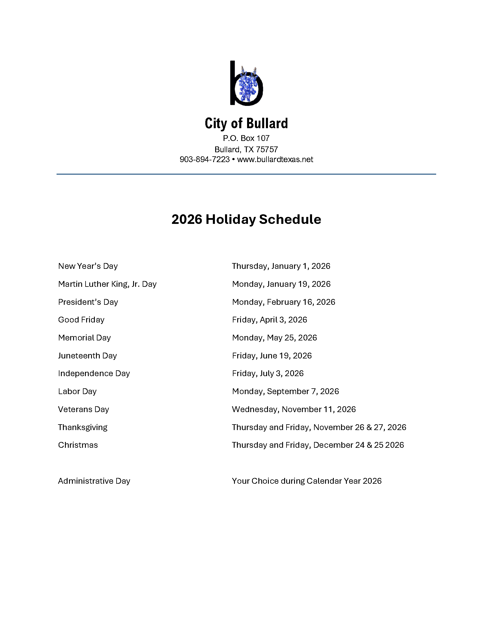 2026 Holiday Schedule